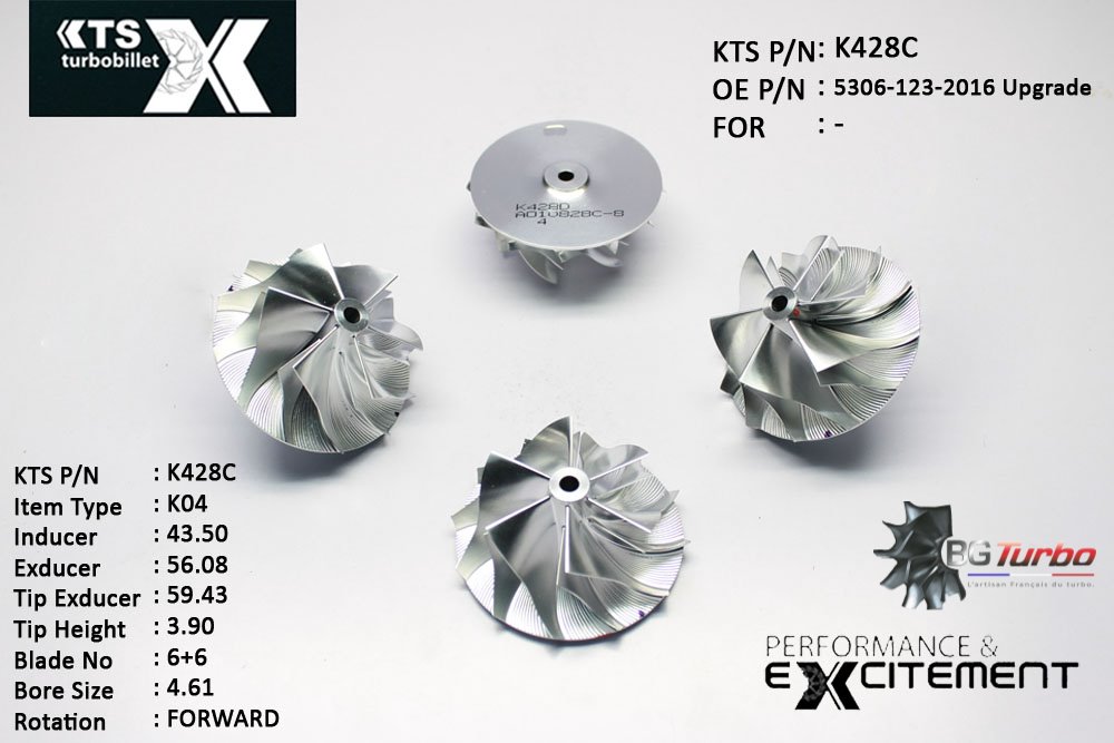 Turbo ROUE FORGÉE MFS PERFORMANCE - 6+6 PALES - INDUCER : 43,5 - EXDUCER : 56,08 - TYPE : K04ANGLE : 60° - ROTATION : Forward - SUPER BACK : 1,8 - BORE SIZE : 4,61
